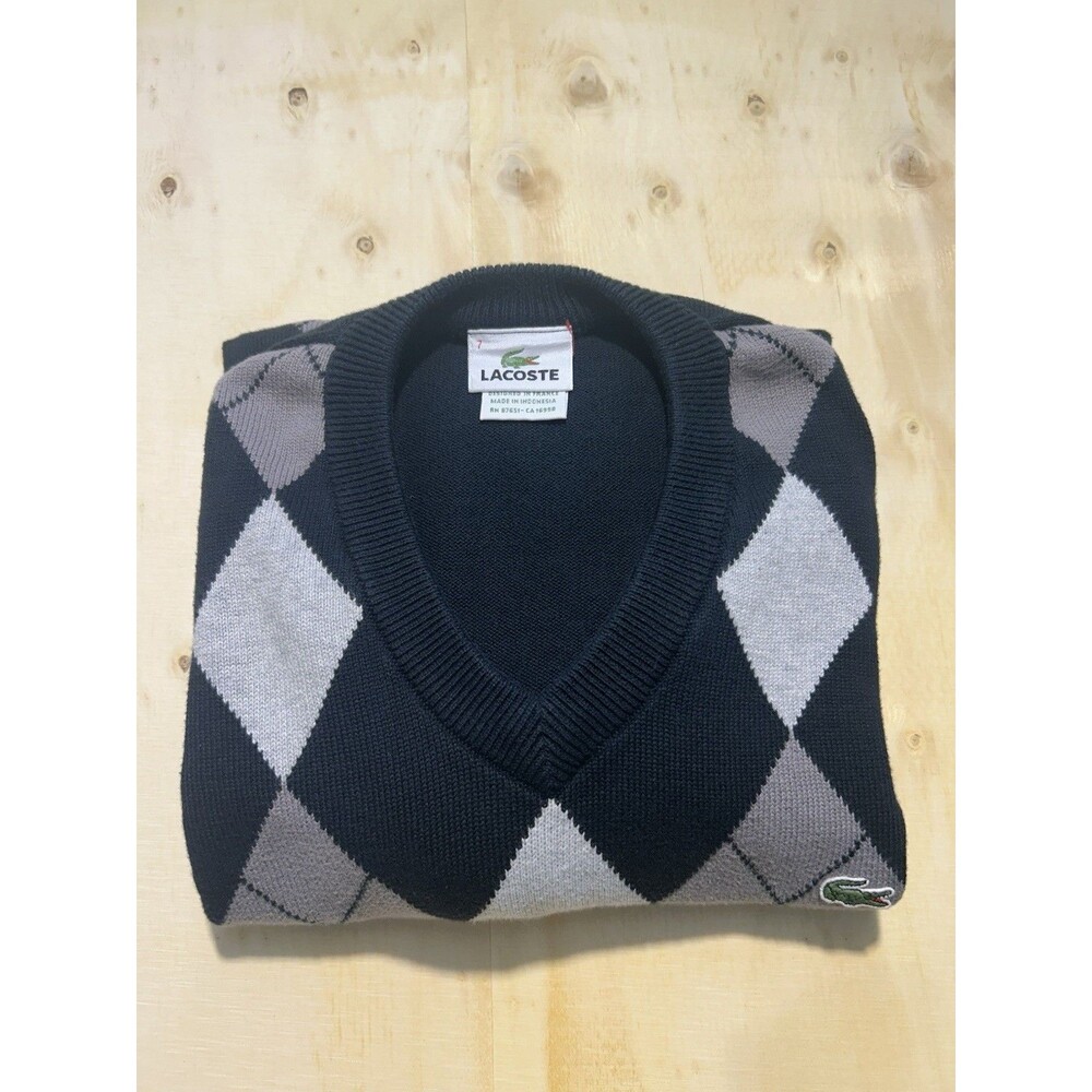 Lacoste Men's XXL (Size 7) Black Argyle V-Neck Cotton Sweater - MINT Condition